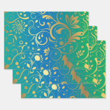Floral Dorado sobre Fondo Gradiente Verde y Azul