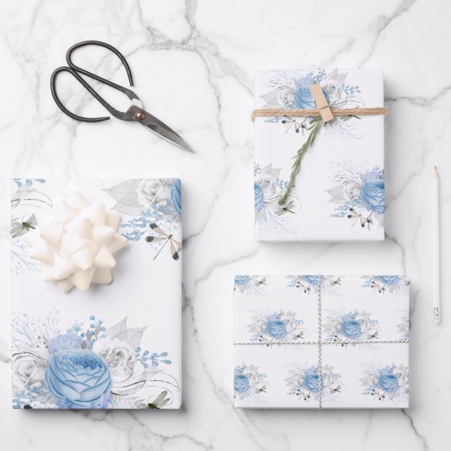Hoja De Papel De Regalo Floral elegante de plata azul (Anverso)