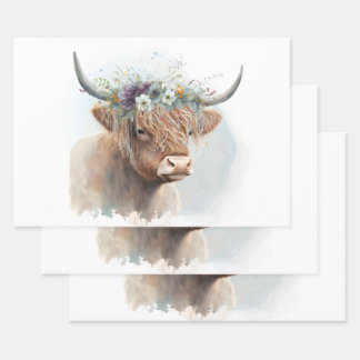 Hoja De Papel De Regalo Floral Highland Cow Watercolor Decoupage