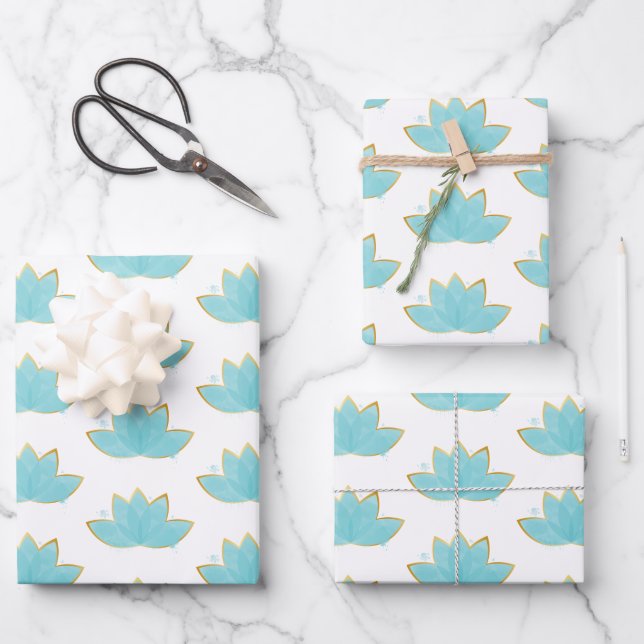 Hoja De Papel De Regalo Floral Lotus acuarela Seafoam Blue & Faux Gold (Anverso)