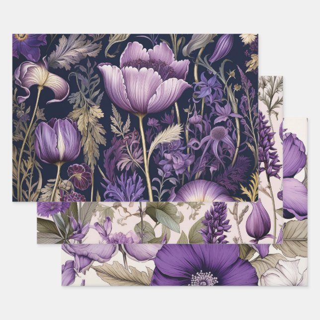Hoja De Papel De Regalo Floral Morado Elegante (Set)