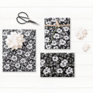 Hoja De Papel De Regalo Floral Negro y Blanco Elegante