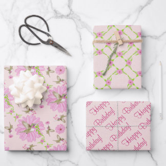 Hoja De Papel De Regalo Floral nostálgica rosa y verde