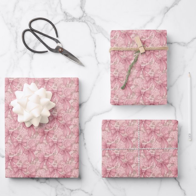 Hoja De Papel De Regalo Floral Pink Bows (Anverso)