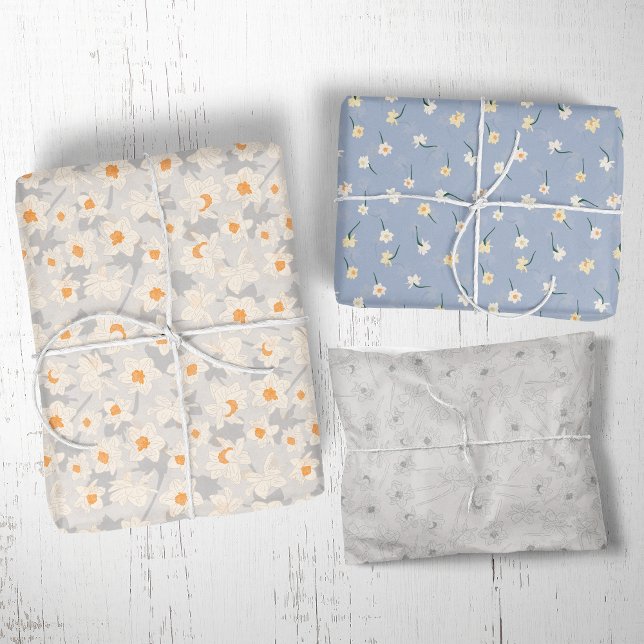 Hoja De Papel De Regalo Floral Primavera Narciso | Azul y Gris (Subido por el creador)