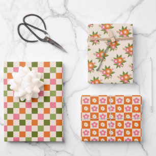 Hoja De Papel De Regalo Floral retro y tablero de ajedrez Naranja rosa ver