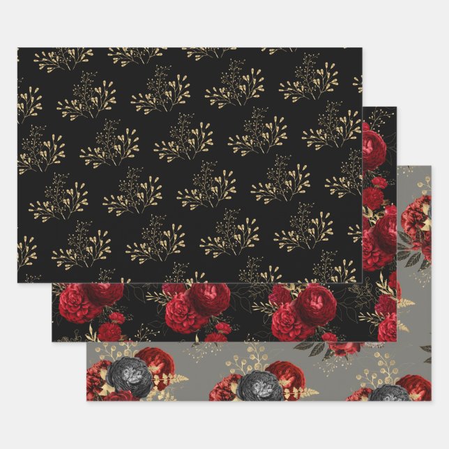 Hoja De Papel De Regalo Floral roja negra y dorada (Set)