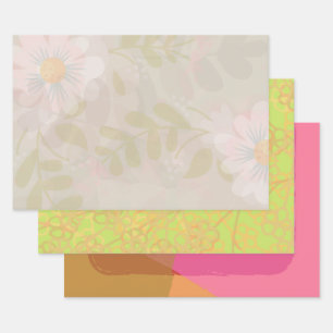 Hoja De Papel De Regalo Floral rosa verde violeta dorada moderna