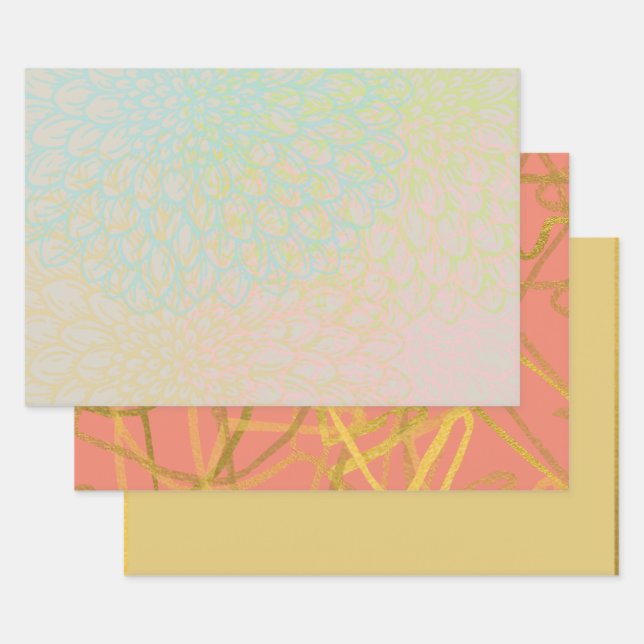 Hoja De Papel De Regalo Floral rosa violeta dorada de moda (Set)