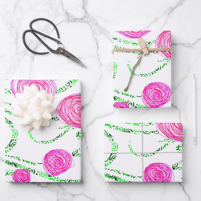 Hoja De Papel De Regalo Floral rosa y verde (Anverso)
