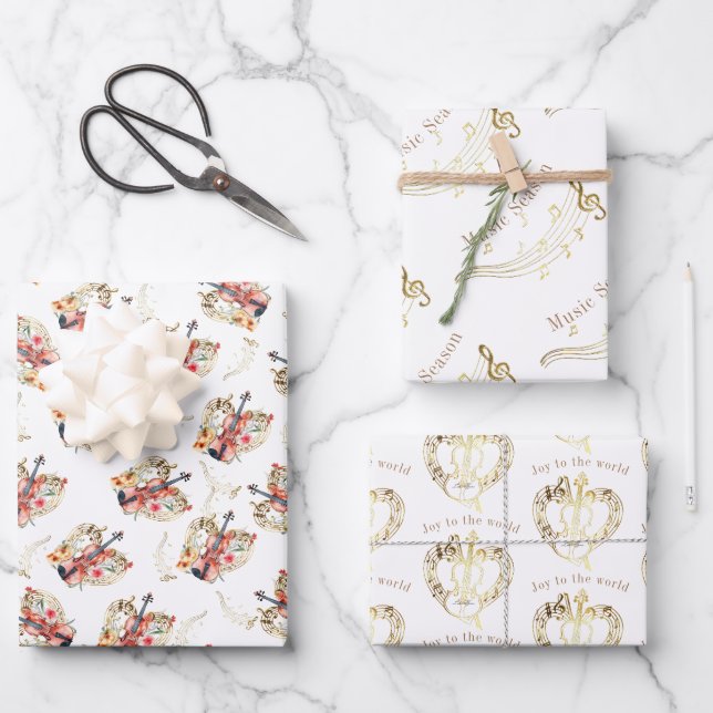 Hoja De Papel De Regalo Floral Violins Gold Music Notes Navidades Holiday (Anverso)