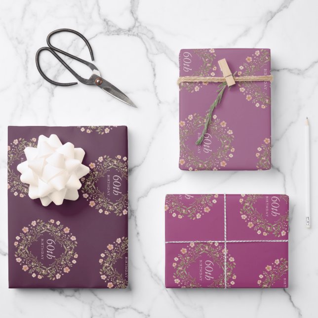 Hoja De Papel De Regalo Floral Wreath 60th Birthday Wrapping Paper Set (Anverso)