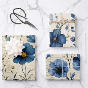 Hoja De Papel De Regalo Florales Acuarela Azul Beige Vintage Antiguo  