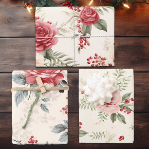 Hoja De Papel De Regalo Florales de invierno en rojo y blanco rosado, Navi