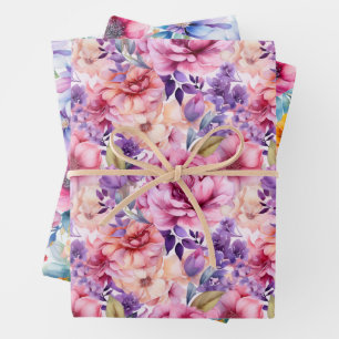 HOJA DE PAPEL DE REGALO FLORALES DE PRIMAVERA ROSADOS Y PURPURA