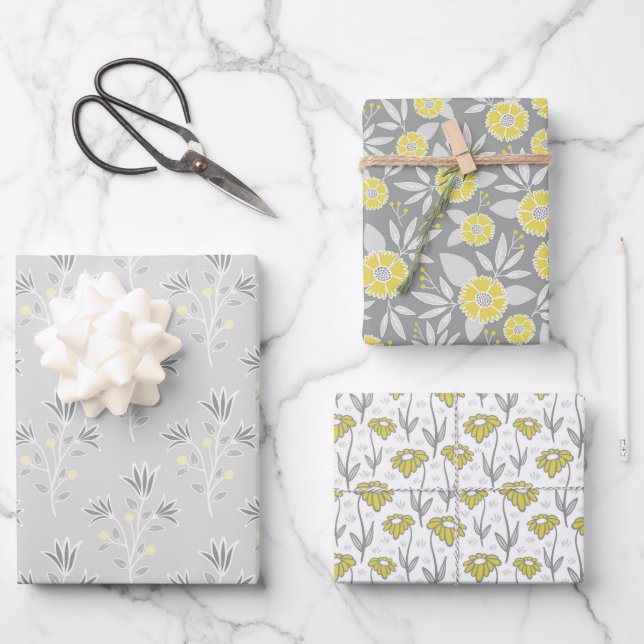 Hoja De Papel De Regalo Florales grises y amarillos de moda (Anverso)