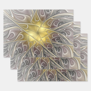 Hoja De Papel De Regalo Florecer con flor fractal abstracta moderna de oro
