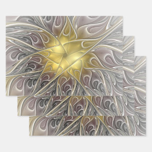 Hoja De Papel De Regalo Florecer con flor fractal abstracta moderna de oro