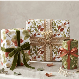 Hoja De Papel De Regalo Florecimiento Botánico Rojo Verde Lujurioso Acuare