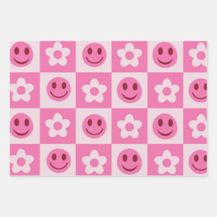 Hoja De Papel De Regalo Flores a cuadros y caras felices rosa  