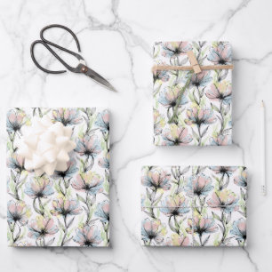 Hoja De Papel De Regalo Flores abstractas con bolígrafo y tinta con lavado