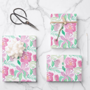 Hoja De Papel De Regalo Flores Acuarela Rosas Rosadas Patrón Pintado a Man