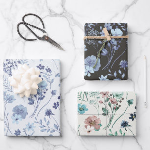 Hoja De Papel De Regalo Flores Acuarela Rústicas Azules y Crema Frías Past