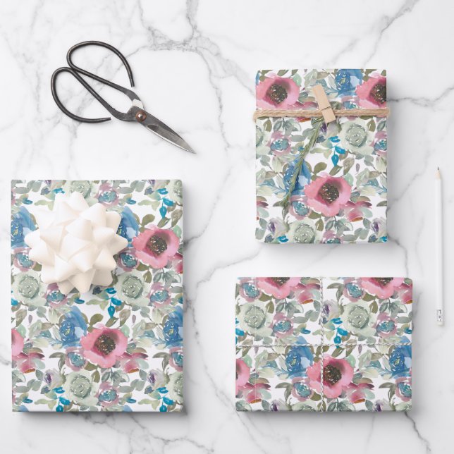 Hoja De Papel De Regalo Flores acuáticas rosas y azules (Anverso)