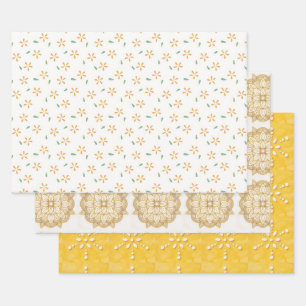 Hoja De Papel De Regalo Flores Amarillas Arte Floral Diseños Dorados Envol