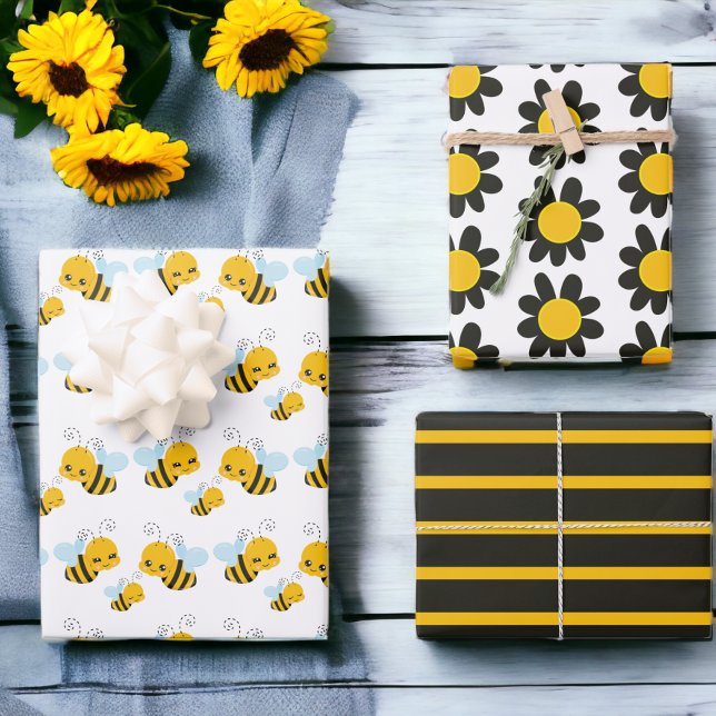 Hoja De Papel De Regalo Flores amarillas de abeja negra (Bumble Bee Black Yellow Flowers Wrapping Paper Sheets from Ricaso)