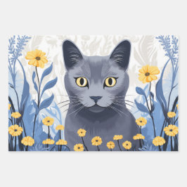 Hoja De Papel De Regalo Flores amarillas de gato azul ruso