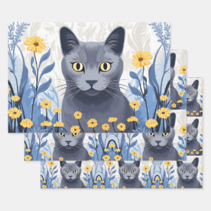 Hoja De Papel De Regalo Flores amarillas de gato azul ruso