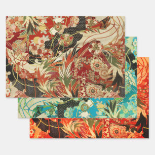 Hoja De Papel De Regalo FLORES ANTIGUOS JAPONESES FLORES Verde azulados Ro