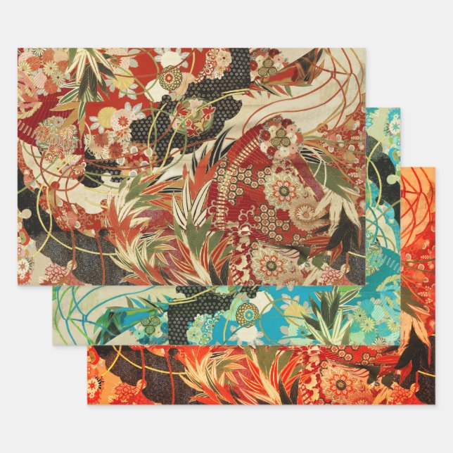 Hoja De Papel De Regalo FLORES ANTIGUOS JAPONESES FLORES Verde azulados Ro (Set)