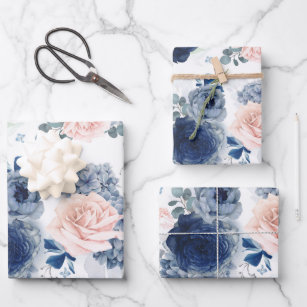 Hoja De Papel De Regalo Flores azul y rosa turbias y botánicas elegantes