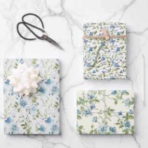 Hoja De Papel De Regalo Flores azul y verde acuarela en blanco