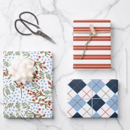 Hoja De Papel De Regalo Flores azules de Berries rojas Navidades de franja