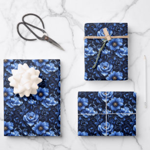 Hoja De Papel De Regalo Flores Azules sobre Negro