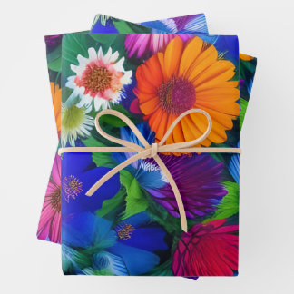 Hoja De Papel De Regalo Flores azules y rojas Naranjas coloridas