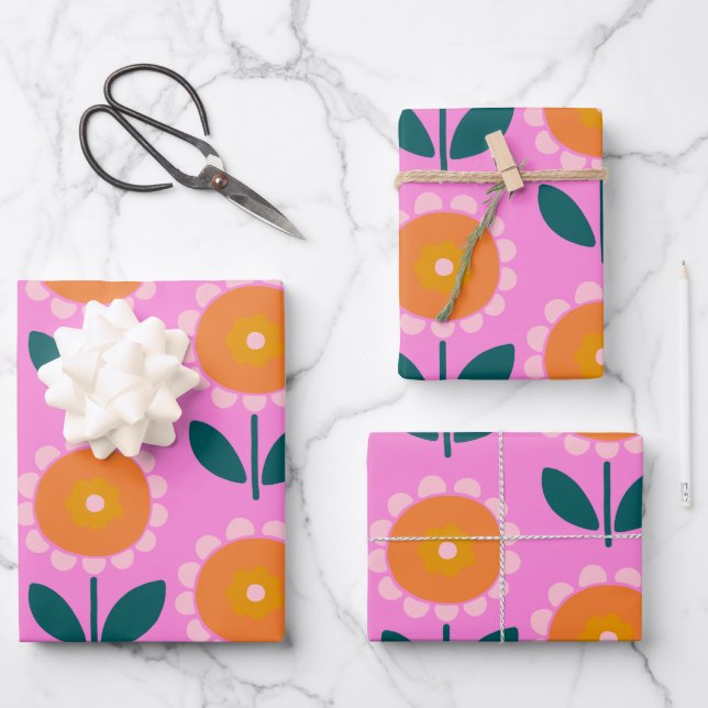Hoja De Papel De Regalo Flores baratas escandinavas en rosa y Naranja (Anverso)