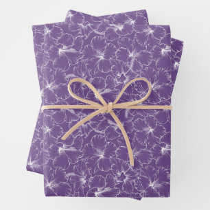 Hoja De Papel De Regalo Flores blancas de hibiscus en violeta