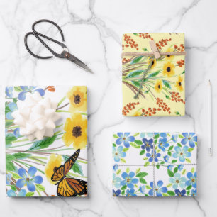 Hoja De Papel De Regalo Flores bonitas de acuarela azules y amarillas