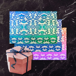 Hoja De Papel De Regalo Flores chinas en colores azul-verde-tropical