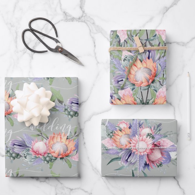 Hoja De Papel De Regalo Flores de acuarela Exótica Tropical King Protea (Anverso)