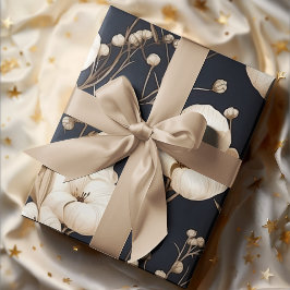 Hoja De Papel De Regalo Flores de algodón azul y crema venado botánico