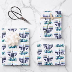 Hoja De Papel De Regalo Flores de bodas de Menorah Floral Hanukkah
