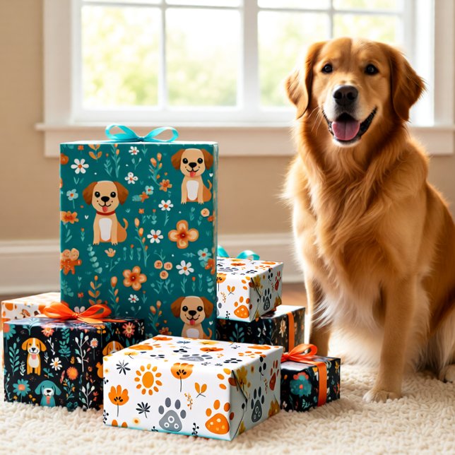 Hoja De Papel De Regalo Flores de cachorro de 3 (Cute Puppy and Flowers Modern Whimsical Wrapping Paper Sheets)