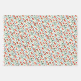 Hoja De Papel De Regalo Flores De Campo Acuarela En Rojo Y Azul Dulce