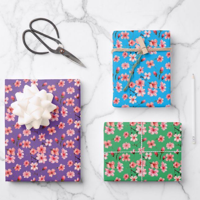 Hoja De Papel De Regalo Flores de cerezo verdes, azules, fondo morado. (Anverso)