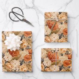 Hoja De Papel De Regalo Flores de color beige y naranja quemado de época